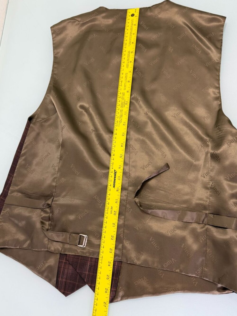 Vinci 3 Piece Suit 50L Blazer 40x30 Pants Vest Brown Plaid 2 Button Double Vent - Picture 14 of 16